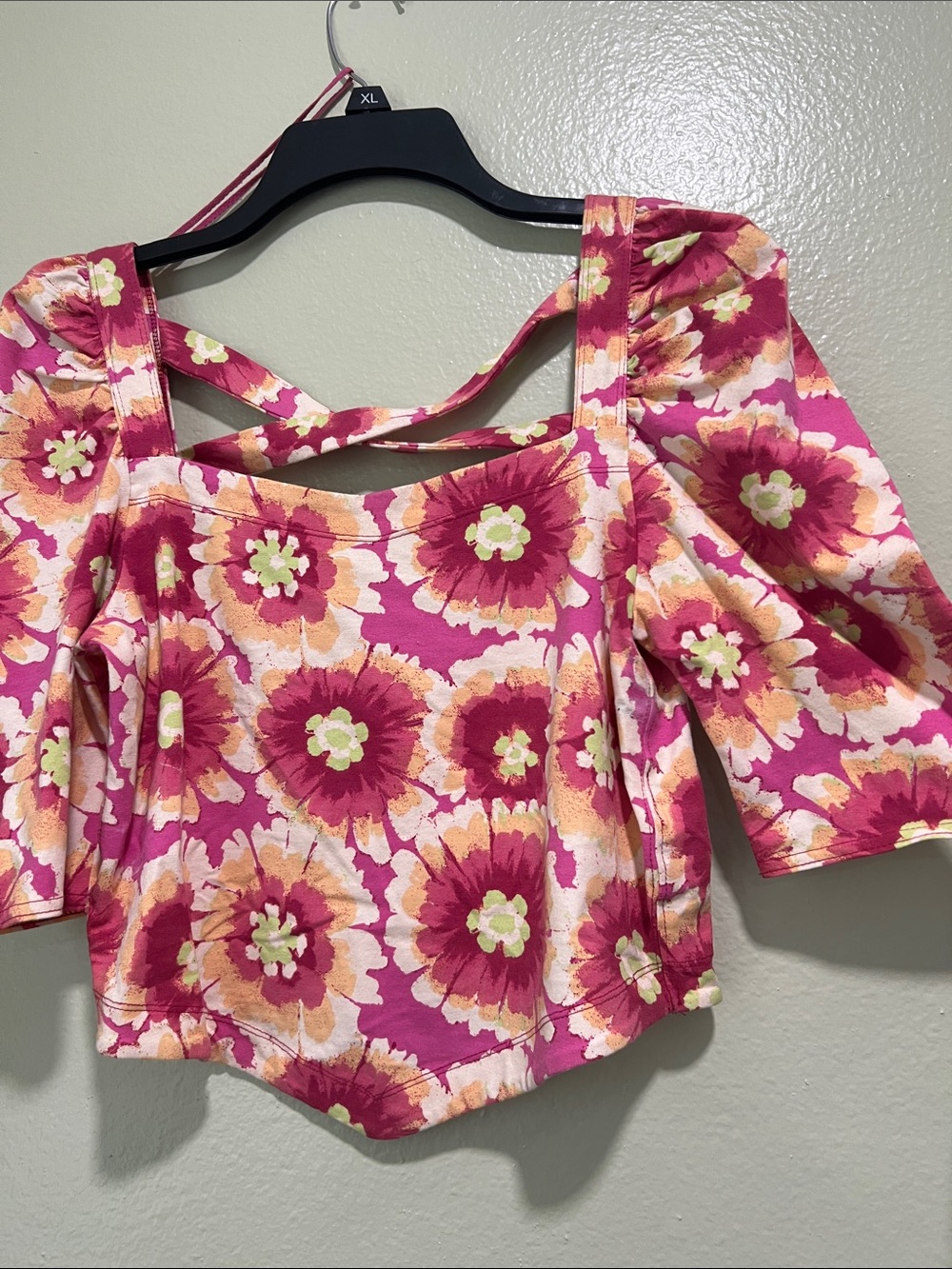 Free People Pink Floral Square-Neck Puff Sleeve Top